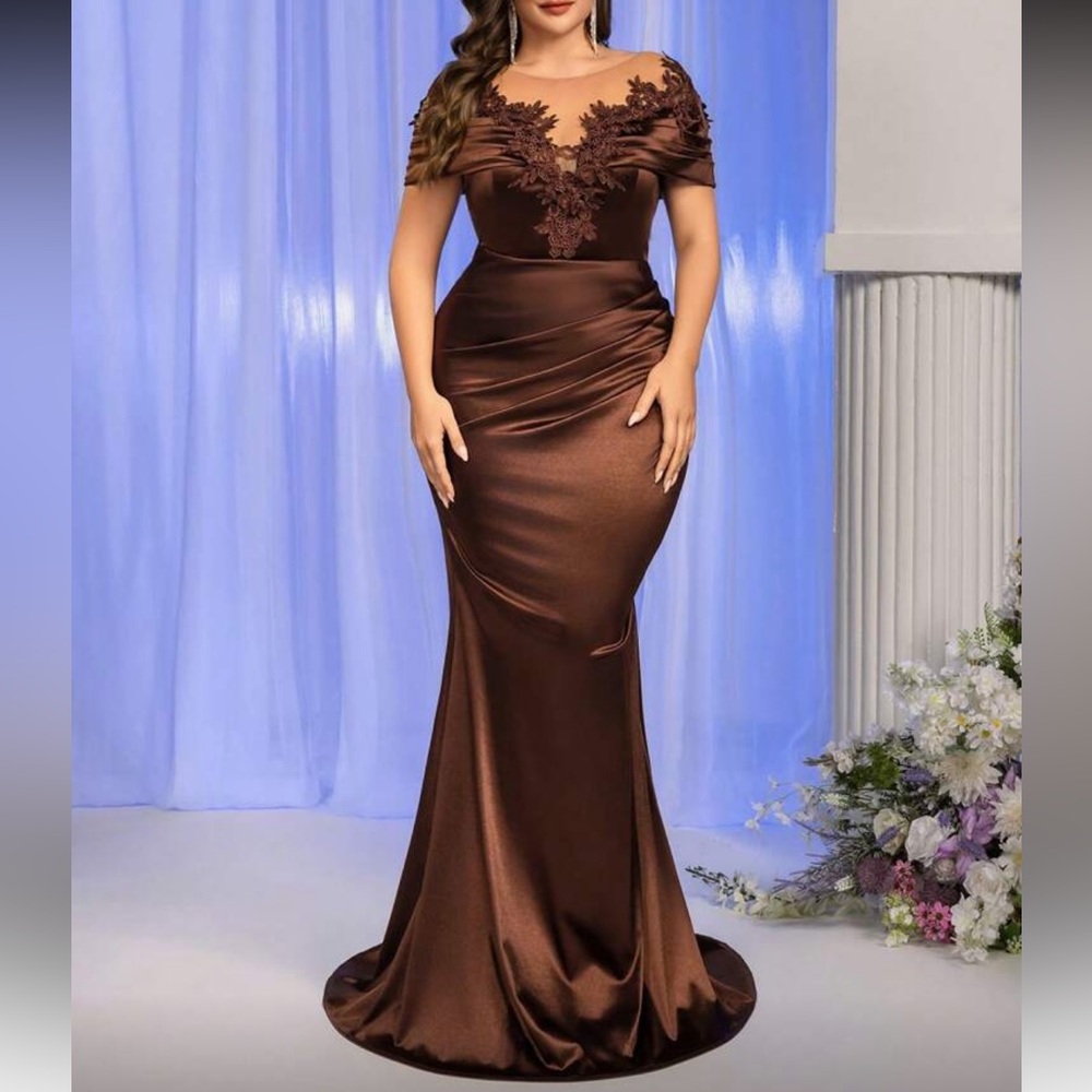 Elegant Plus  Brown Lace Satin Party Formal Evening Gown Dress
